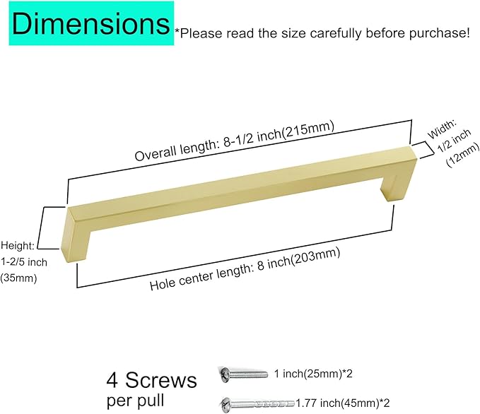 30 Pack 8 Inch Brass Cabinet Handles Brushed Brass Cabinet Pulls Imitation Gold Cabinet Pulls Square Gold Pulls Brass Cabinet Hardware for Cabinet, Cupboard, 8'' Hole Centers