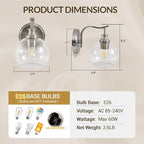 ANDY STAR Brushed Nickel Bathroom Light Fixtures, 1-Light Vanity Lights, Modern Bathroom Wall Sconces Lighting with Globe Clear Glass Shade Up or Down Wall Mounted for Kitchen, Living Room, Hallway
