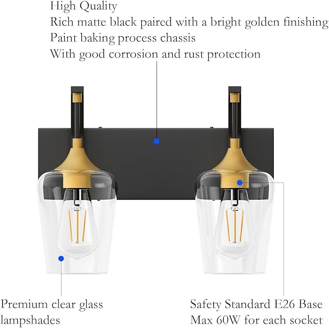 Ralbay Black/Gold Vanity Light 2 Lights Industrial Bathroom Light Fixtures Over Mirror with Clear Glass Black Bathroom Wall Mount Lighting Sconce