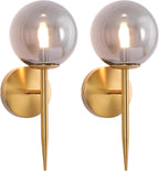 SeeU Gold Wall Sconces Mid Century Style Set of 2,Brass Wall Lamp Fixture,Vanity Light Fixture Wall Lamp with Grey Globe