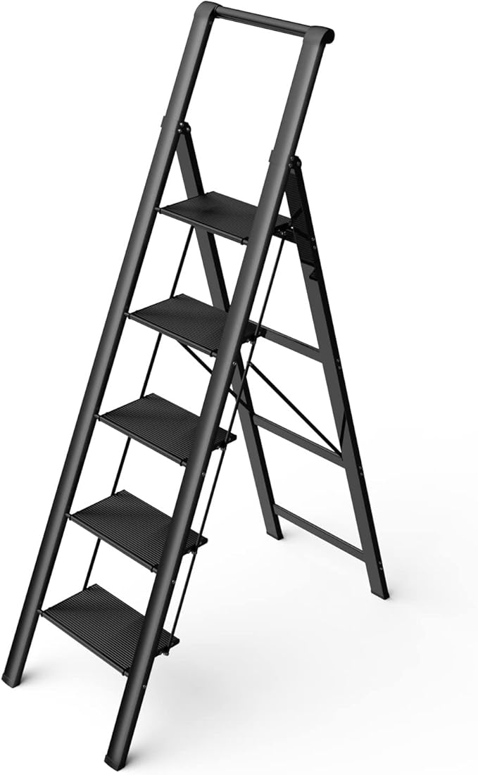 5 Step Ladder, Folding Step Stool, Portable Iron Foldable Black Ladder for 10 Foot High Ceiling with Anti-Slip Wide Sturdy Pedal and Handgrip, Multi-Use for Home (300 lbs Capacity)