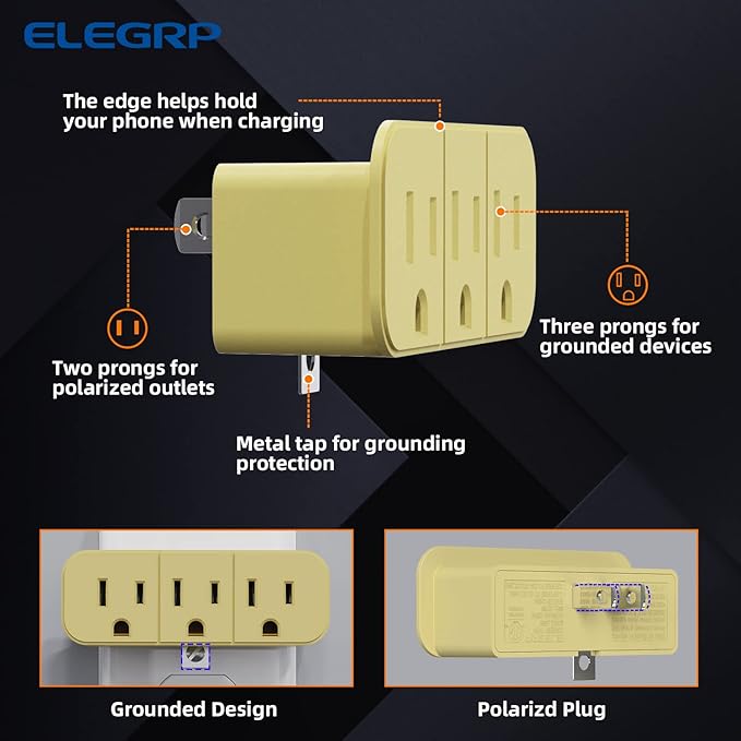 ELEGRP 2 to 3 Prong Grounded Triple Outlet Extender, 2-Prong to 3-Prong Adapter Converters for Wall Outlets, Portable Polarized Wall Plug Splitter with 3 AC Outlets, ETL Listed, 4 Pack