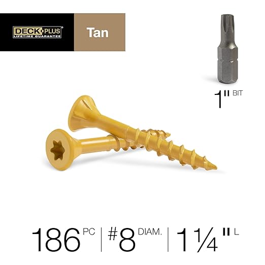 Deck Plus 1-1/4 Inch Epoxy Coated Exterior Wood and Fence Screws #8 x 1-1/4" Torx/Star Drive Included Coarse Thread, Outdoor Rust Resistant Decking Screw, Tan, 1lb Box, 3500 Pieces | 48410