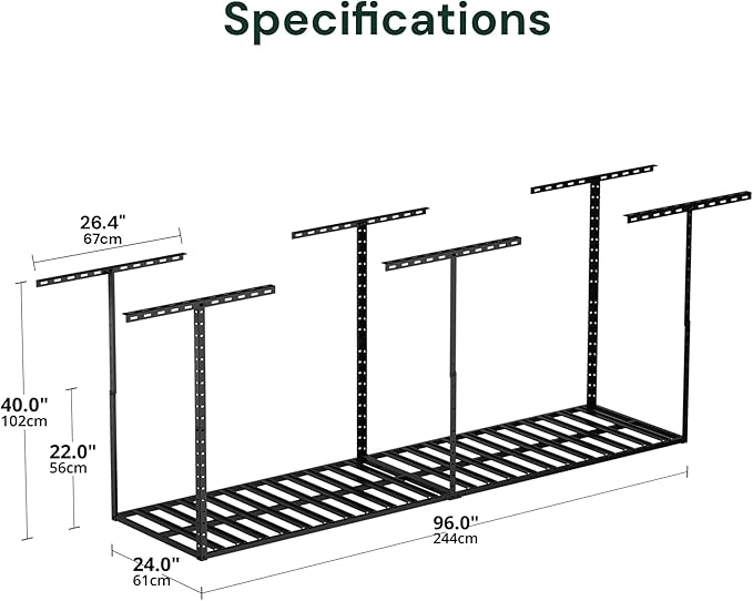SunsGrove 2x8 Garage Storage Overhead Rack Organization, Adjustable Ceiling Mounted Storage Racks, 800LBS Weight Capacity, 22"-40" Ceiling Dropdown, Black
