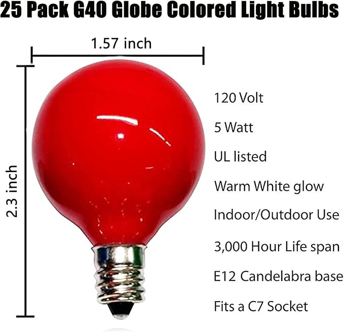 G40 Multicolor Christmas Replacement Light Bulbs, 25 Pack Round Colorful Christmas Bulbs, 1.57 Inch Globe Christmas Light Bulbs, E12/C7 Candelabra Base Light Bulb for Indoor Outdoor Decor- 5 Watt