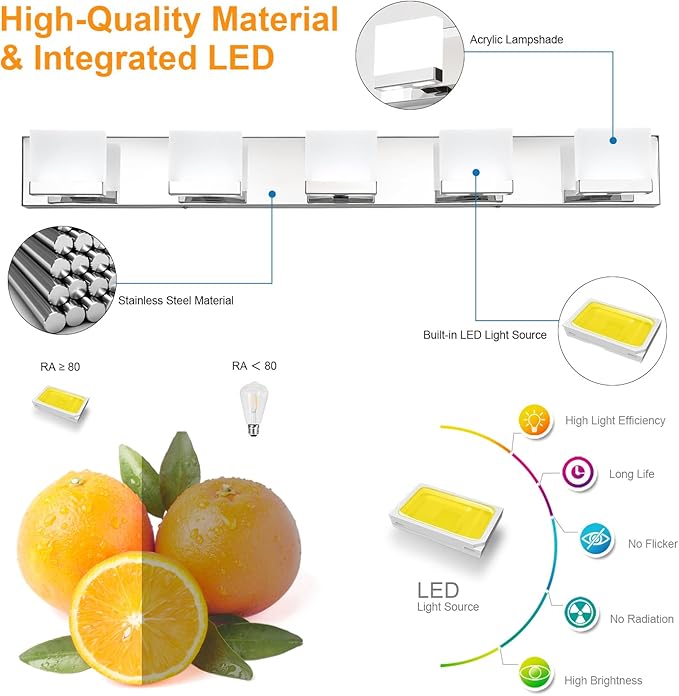 SineRise LED Modern Bathroom Vanity Light Fixtures (5-Light, 40-Inch, 5CCT), Chrome Modern Acrylic Bathroom Wall Lighting Fixtures Over Mirror (3000K/3500K/4000K/5000K/6000K)