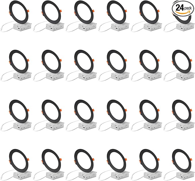 ZYC Recessed Lighting 6 Inch - 12W Ultra-Thin LED Ceiling Lights,2700-5000K Selectable,5CCT Canless Wafer Downlight,1100LM Hight Brightness,Dimmable Can Light,Pack of 24 Black.