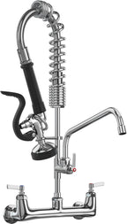 Commercial Faucet with Sprayer 8 Inch Center 25" Height Wall Mount Kitchen Sink Faucet Add On 12" Spout and Pull Down Pre Rinse Sprayer Faucet for 1, 2 or 3 Compartment Sink (Polished Chrome)
