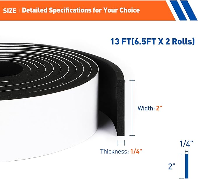 MAGZO Weather Stripping Door Seal, 2 Inch Wide X 1/4 Inch Thick Adhesive Foam Tape Soundproof Weatherstripping for Windows, 2 Rolls Total 13FT Black