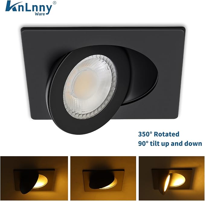 Square Black Recessed Lighting 4 Inch 6 Pack, Ajustable Eyeball recessed Light with Junction Box,5 Color Selectable,Airtight,9W 750LM,Dimmable,Black