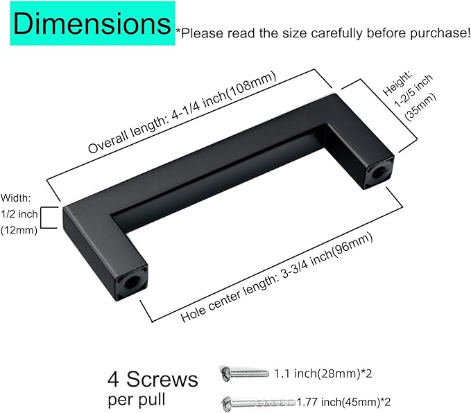 30 Pack Matte Black Cabinet Pulls 3 3/4 Inch Hole Centers Stainless Steel Square Drawer Pulls Black Cupboard Handles Modern Kitchen Cabinet Hardware