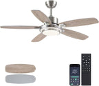 50inch Brushed Nickel Ceiling Fan with Light - Quiet Reversible DC Motor 5 Dual-Finish Blades Dimmable 3-Color LED for Bedroom Living Room Indoor
