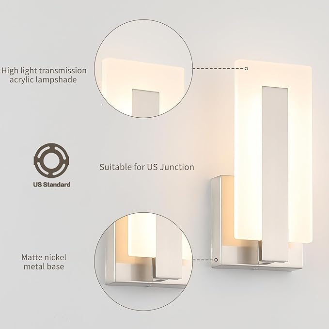 Joosenhouse Modern LED Wall Sconce Set of 2, Hardwired 3000K Warm White Light Wall Lights, 7W Up and Down Wall Mount Light, 9.76 inch Brushed Nickel Indoor Wall Sconce Wall Lighting