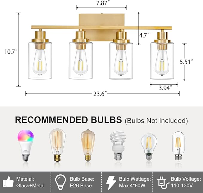 4 Light Gold Bathroom Light Fixtures Brushed Brass Vanity Light Over Mirror Modern Farmhouse Wall Lighting Sconces Wall Lamp for Bathroom, Bedroom, Living Room E26 Socket with Glass Shade