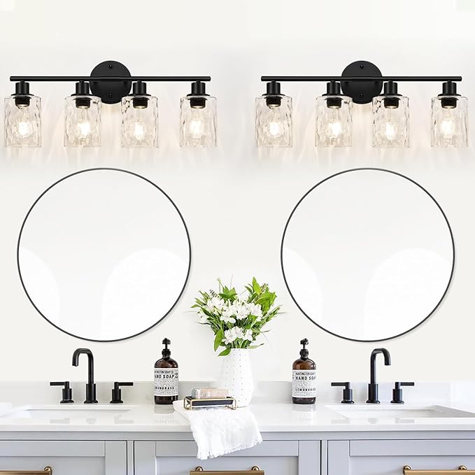 4-Light Bathroom Light Fixtures, Black Modern Vanity Lights with Clear Glass Shade, Bathroom Wall Lamp for Mirror Kitchen Living Room Hallway Cabinet Porch