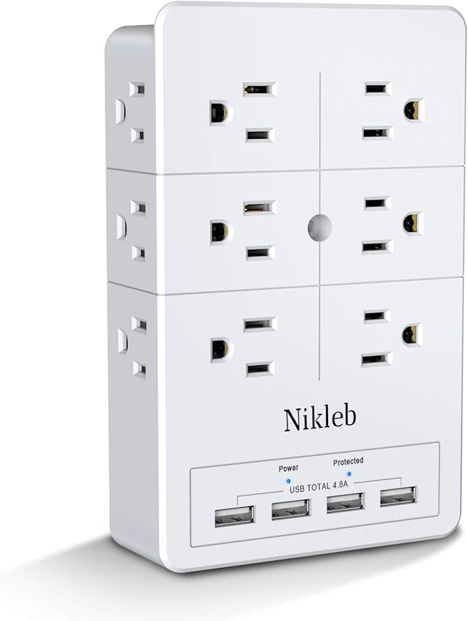 Multi Plug Outlet Surge Protector Nikleb, 12 Electrical Outlets Extender with 4 USB Charging Ports Total 4.8A, Wall Plug Expander 3 Prong for Room, Office, Gaming, Cord Organizer Accessories