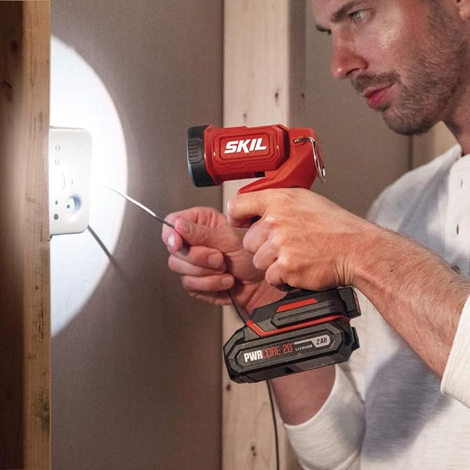 SKIL 20V 4-Tool Combo Kit: 20V Cordless Drill Driver Reciprocating Saw, Circular Saw and Spotlight, Includes Two 2.0Ah PWR CORE Lithium Batteries and One Charger - CB739701,Black, Red