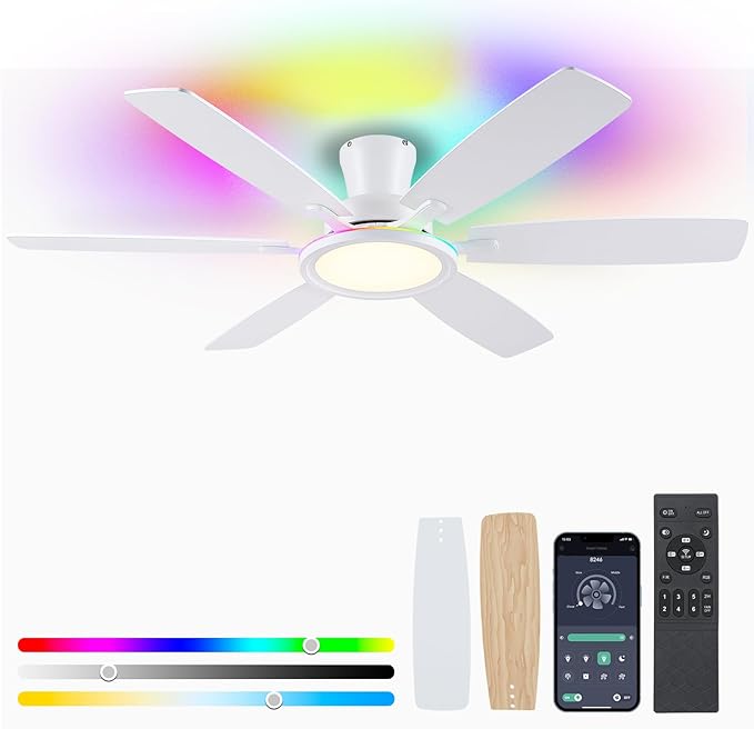 55In Flush Mount Ceiling Fan with RGB Light - White Modern Ceiling Fan with 6 Dual-Sided Blades, Reversible DC Motor, Low Profile Fan Light Fixture for Indoor Bedroom, Outdoor Patios