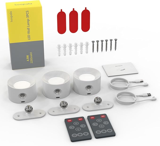 Koopala 3PACK Rechargeable LED Wall Sconce, Cordless Battery with Remote, Powered Wall Sconce, 3 Brightness Levels, 360° Swivel Magnetic Shade for Bedrooms, Hallways, Den and Reading Spaces（White）