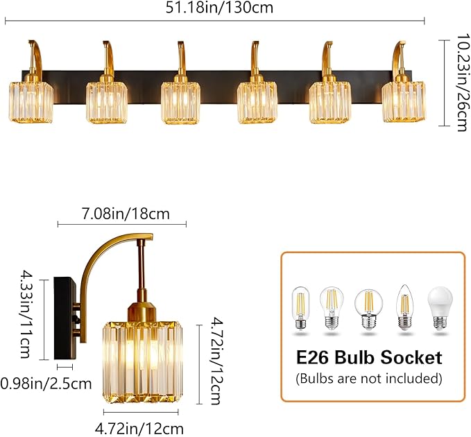 Crystal Vanity Lights 6-Light Black Gold Bathroom Vanity Lights Modern Crystal Bathroom Light Fixtures Over Mirror 51.18" Long Vanity Light for Bathroom