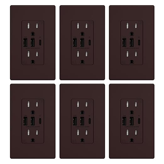 ELEGRP USB Outlets Receptacles, 3-Port Wall Outlet, 30W 6.0A Electrical Outlet, 15 Amp Tamper-Resistant Outlet with Type C Ports, UL Listed, Wall Plate Included, 6 Pack, Matte Brown