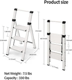 Taranta 3 Step Ladder, Lightweight Aluminum Step Stool with Convenient Handgrip, Folding Ladder with Anti-Slip Pedals, 330lbs Capacity Stepladder for Home, Office, Kitchen - White