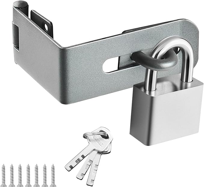 Door Lock Hasp Latch, 90 Degree Solid Iron Safety Packlock Drawer Hasp Lock Latch, Extra Thick Gate Lock Hasp with Keys Brushed Finish (2.24 Inch, Gray)