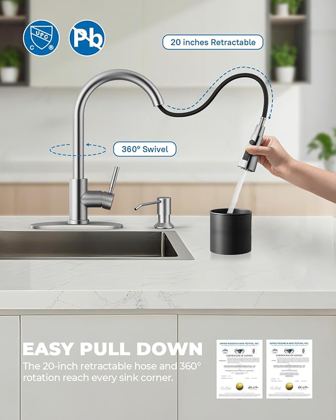 WEWE Kitchen Faucet with Soap Dispenser and Pull Down Sprayer, RV Single Handle Classic 3 Modes Stainless Steel Faucet for Kitchen Sink, RV, Brushed Nickel