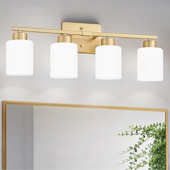 Gold Bathroom Light Fixtures, 4-Light Modern Vanity Light Over Mirror, Wall Sconces with Milky White Frosted Glass Shades, E26 Socket (Bulbs Not Included)
