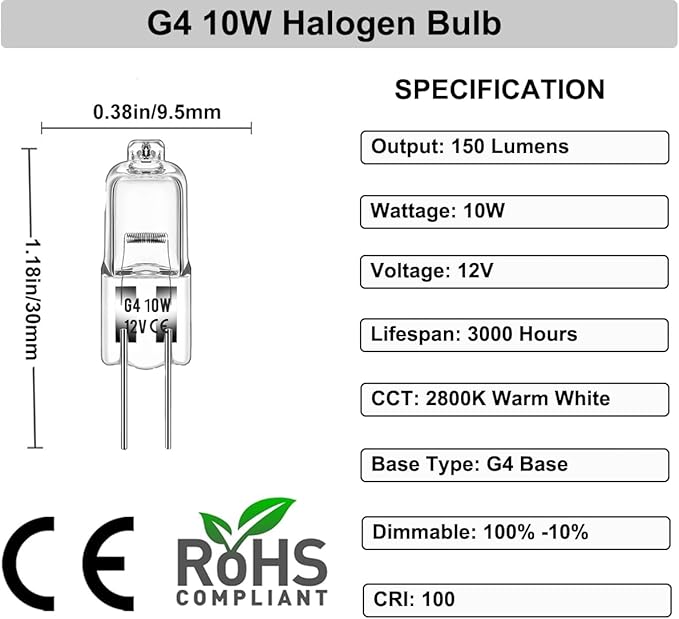Halogen 10 Watt 12 Volt Light Bulbs - 10 Pack Long Lasting G4 Halogen Bulb, High Output Dimmable with G4 Bi-Pin Base, Warm White 2800K for Under Cabinet Puck Light