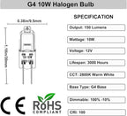 Halogen 10 Watt 12 Volt Light Bulbs - 10 Pack Long Lasting G4 Halogen Bulb, High Output Dimmable with G4 Bi-Pin Base, Warm White 2800K for Under Cabinet Puck Light
