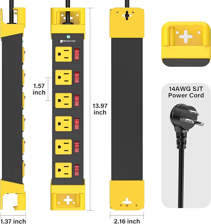 Heavy Duty Power Strip - 6 Outlet Power Strip with Individual Switches Cord Manager Surge Protector 1200J Home Office Garage Industrial Workbench