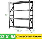 3000LBS Heavy Duty Storage Shelves,63''H Metal Garage Shelving, 4-Tier Adjustable Garage Organization Shelving Units, Industrial Shelving for Warehouse,Workshop- Classic Black