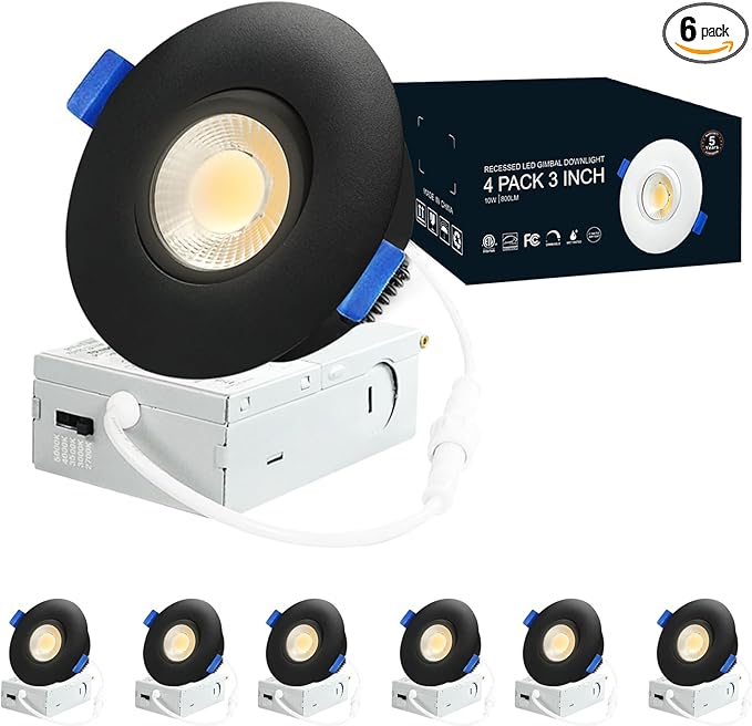 6 Pack Black 3-inch 5 CCT Gimbal LED Recessed/Downlight Color Selectable 2700K/3000K/3500K/4000K/5000K 800Lm 10W 120V Dimness Adjustable LED Lights