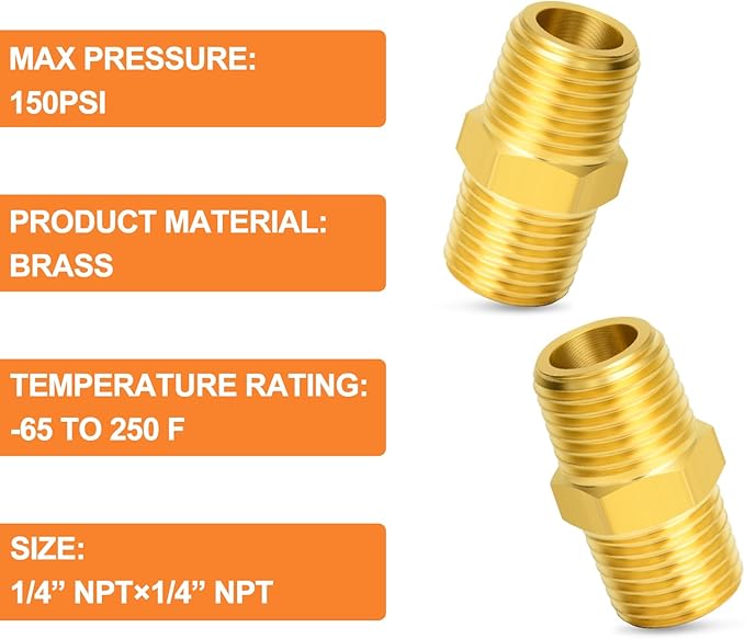 GASHER 10PCS Brass Pipe Fitting, Reducing Hex Nipple, 1/4-Inch Male Pipe x 1/4-Inch Male Pipe