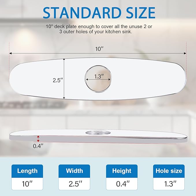 10 Inch Faucet Deck Plate, Faucets Sink Hole Cover Stainless Steel Plate Escutcheon for 1 or 3 Hole Kitchen or Bathroom Sink Faucet, Round, Chrome
