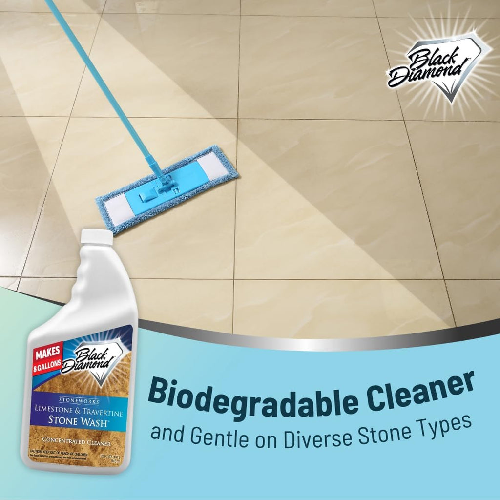 Black Diamond Stoneworks Limestone and Travertine Floor Cleaner: Natural Stone, Marble, Slate, Polished Concrete, honed or tumbled surfaces. Concentrated Ph. Neutral. (1-Quart)