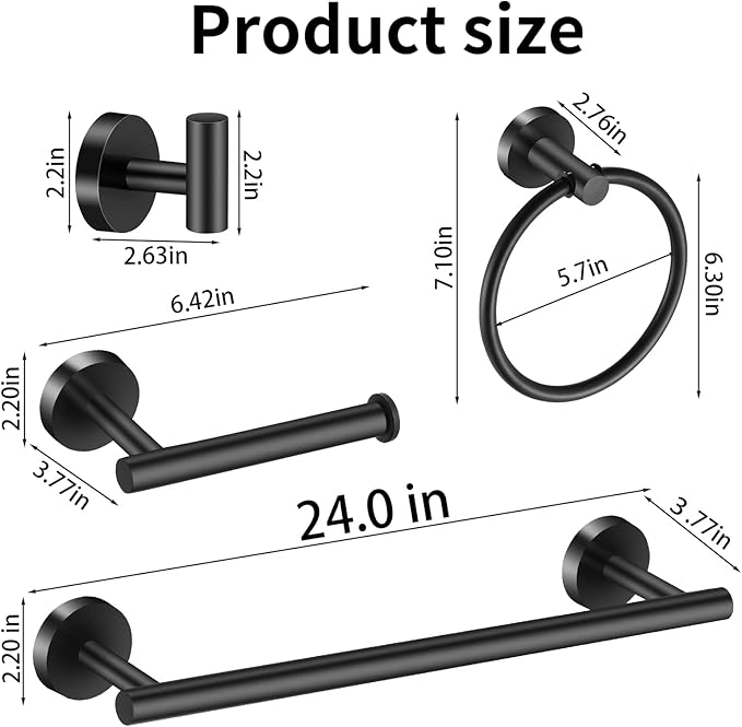Bathroom Hardware Set Matte Black, 10 Pieces Bathroom Accessories Set Includes Includes 2 Packs 24 Inch Towel Bar, Towel Ring, Toilet Holder and 4 Packs Towel Hooks
