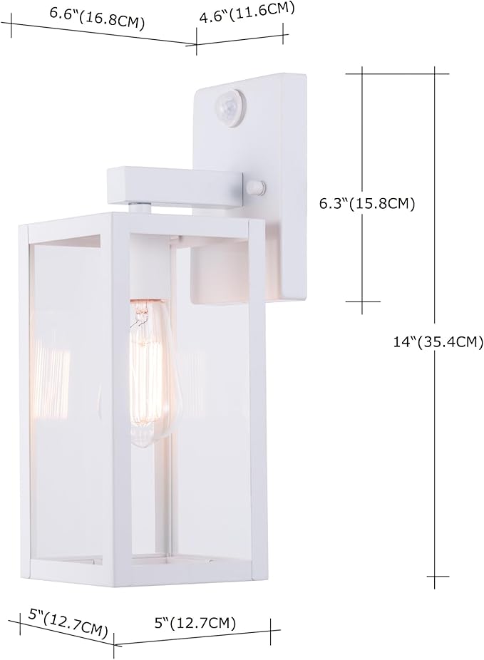 GRUENLICH Dusk to Dawn Large Outdoor Wall Lantern, PIR Motion Sensor Wall Sconce, E26 Base Max 60W, Metal Housing Plus Glass, White Finish, Bulb Not Included, 1-Pack