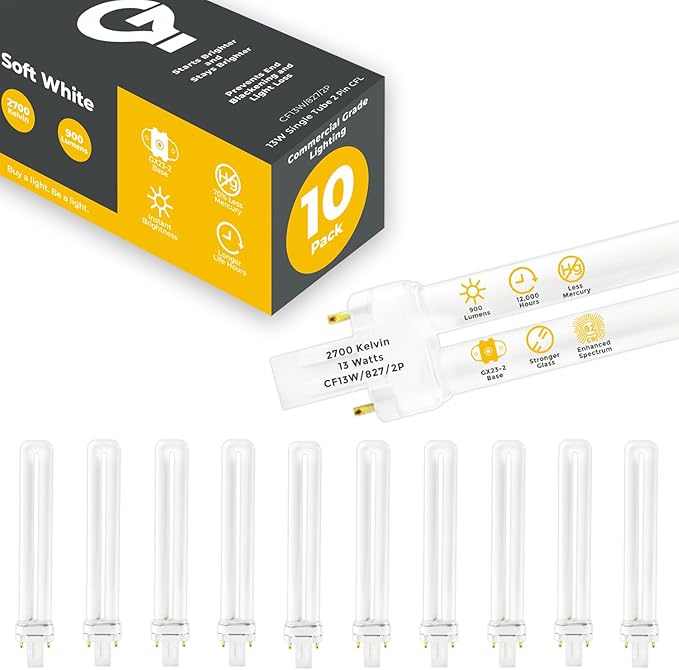 GoodBulb 13 Watt CFL Light Bulbs 2 Pin GX23 Base 2700K Soft White 13W High Output 800 Lumens Single Tube Compact Fluorescent Light Bulbs Plug-in 10 Pack