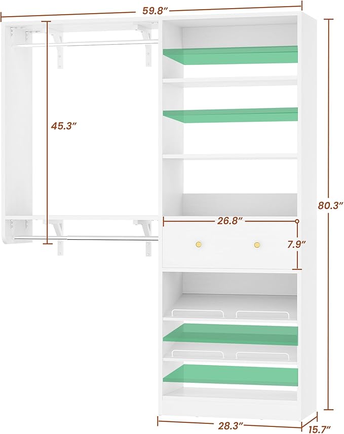 Closet System with Drawer - Reversible 5FT Wood Closet Organizer System with 2 Hanging Rods and Adjustable Shelf, Walk In Closet Organizers with Shoe Rack, Built-In Garment Rack Clothes Rack, White
