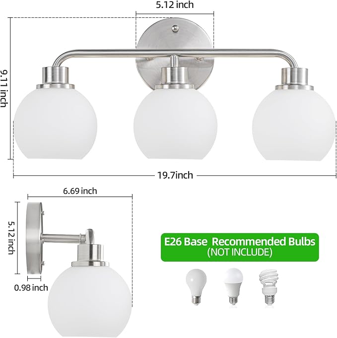 Bathroom Light Fixtures Brushed Nickel Vanity Light 3 Light Wall Sconces Lighting Silver Lights with Milk Globe Glass Shades Bath Wall Lamp for Mirror Kitchen Living Room Bedroom Hallway