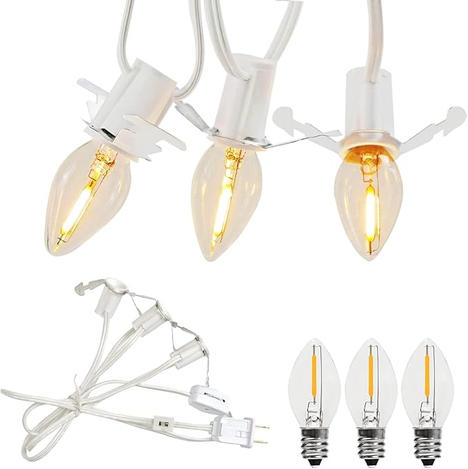KGC LED Accessory Cord with 3 LED Night Light Bulbs, White Cord with On/Off Switch Plugs - C7 led Bulb Warm White with Spare Fuse for Holiday Decoration and Craft Village House Decoration 1 Pack