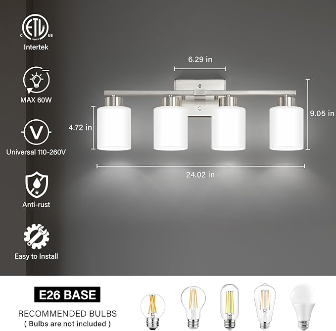 Brushed Nickel Bathroom Light Fixtures, 4-Light Modern Vanity Light Over Mirror, Wall Sconces with Milky White Frosted Glass Shades, E26 Socket (Bulbs Not Included)
