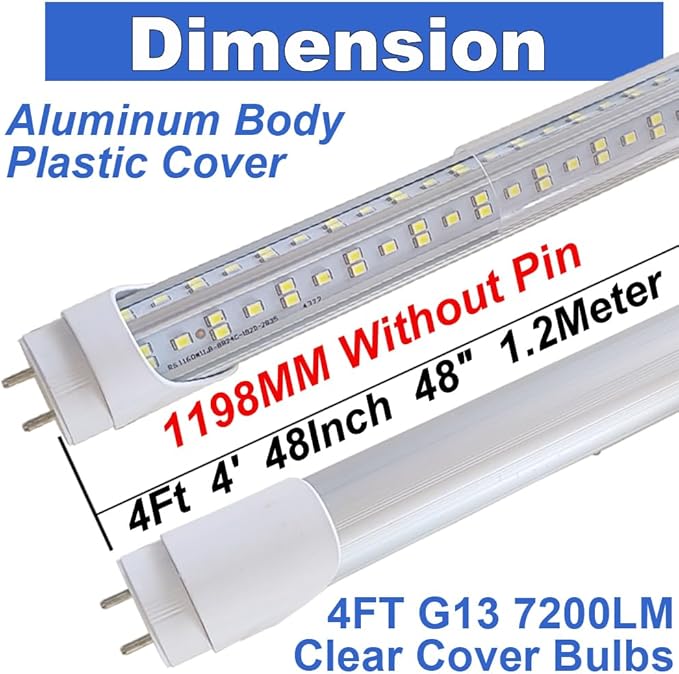 T8 LED Bulbs 4 Foot, T12 LED Replacement 4FT 72W Fluorescent Tube Lights,7200lm 6500K Cool White,2 Bi-Pin G13 Base Type B Tube Lights, Ballast Bypass, Double Ended Power, NO RF FM Driver