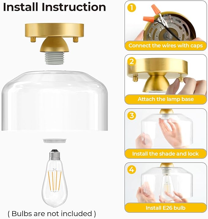 Semi Flush Mount Ceiling Light Brushed Gold - Clear Glass Pendant Lamp Shade, Modern Farmhouse Light Fixture for Hallway Corridor Kitchen Entryway Bedroom, Bulb Not Included