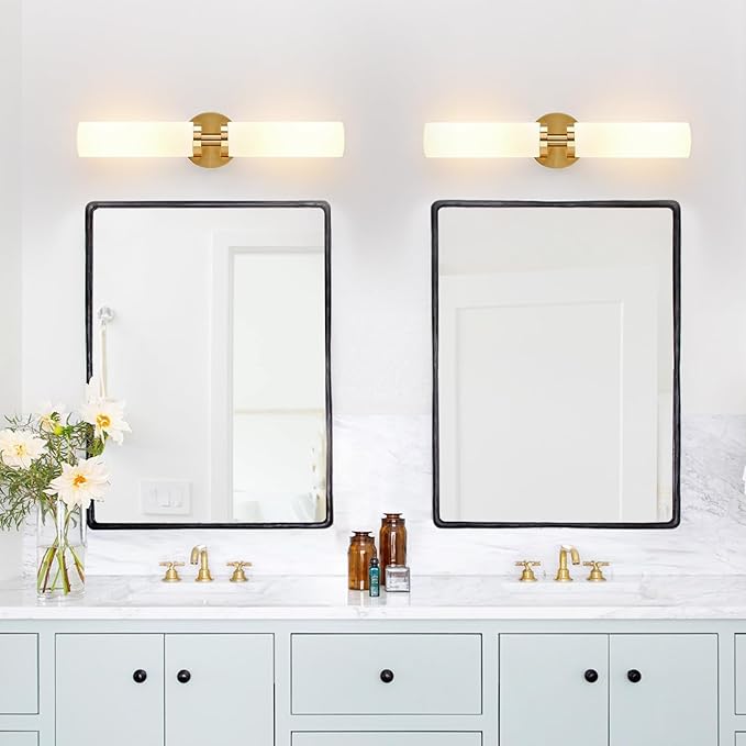 Wall Sconces Set of Two, Brushed Gold Bathroom Sconces Wall Lighting with Milky White Glass, Modern Sconces Wall Decor Set of 2 Bathroom Light Fixtures for Mirror Living Room Hallway Bedroom
