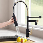 Smart Kitchen Faucet, 3 Modes Pull Down Sprayer, LED Temperature Control, Ceramic Valve,360-Degree Rotation,1 or 3 Hole Deck Plate, Double Spout. 10-Year Warranty. (KW-21RK, Gold/Black)