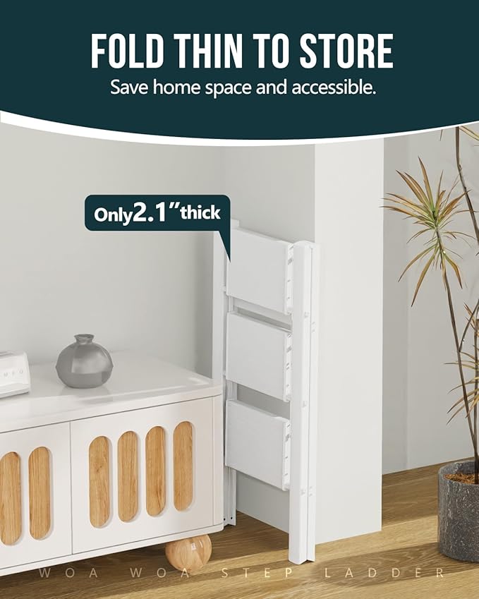 WOA WOA Step Ladder, Widen Pedals Folding Step Stool with Anti-Slip Foot, Portable Lightweight Aluminum Ladder, Household Stepladder for Kitchen, Fold Thin & Space Save, 300 lbs Load (3 Step, White)