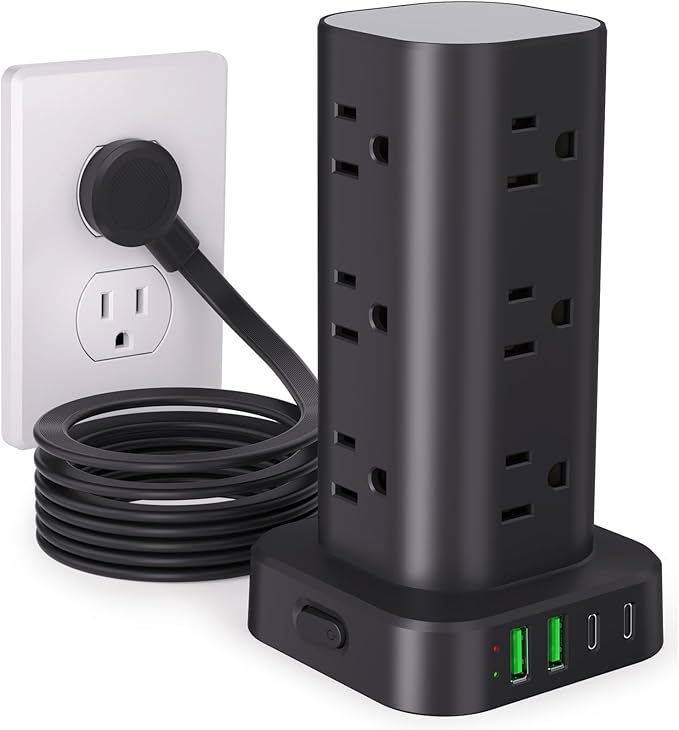 Power Strip Tower with Multiple Outlets, Flat Plug Surge Protector Tower Extension Cord with 12 AC Outlets 4 USB Ports (2 USB C), 10FT Cord Power Tower Surge Protector for Home Office Dorm Room, Black